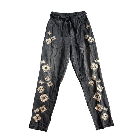 Johnny Was Women Sz Small Embroidered Floral Cotton Jade Black Pants Tie Waist - Picture 2 of 12